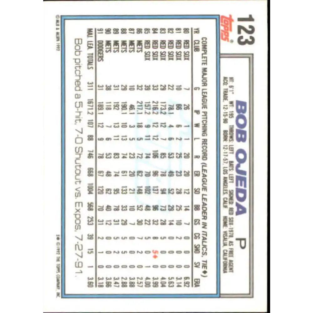 1992 Topps #123 Bob Ojeda NM-MT Los Angeles Dodgers Baseball Card - Baseball Card Single