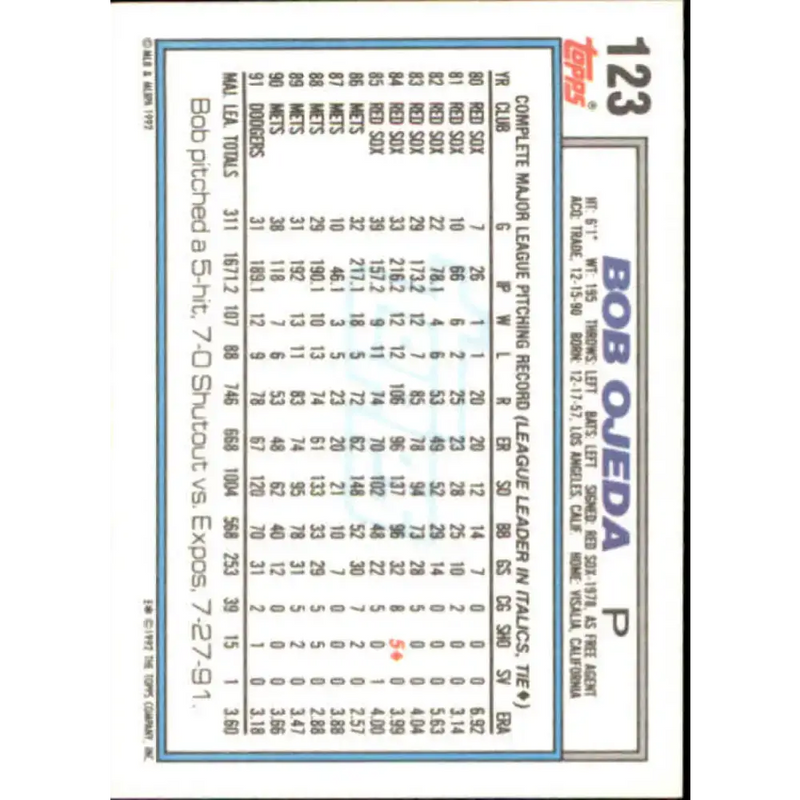1992 Topps #123 Bob Ojeda NM-MT Los Angeles Dodgers Baseball Card - Baseball Card Single