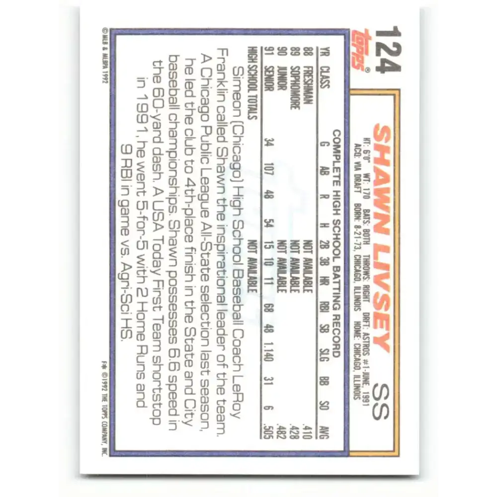 1992 Topps #124 Shawn Livsey NM-MT RC Rookie Houston Astros Baseball Card - Baseball Card Single