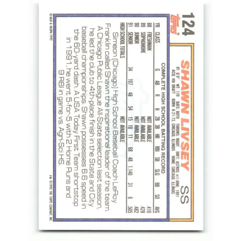 1992 Topps #124 Shawn Livsey NM-MT RC Rookie Houston Astros Baseball Card - Baseball Card Single