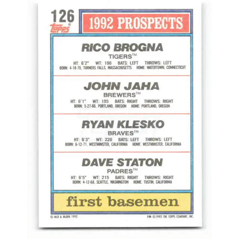 1992 Topps #126 Rico Brogna/John Jaha/Ryan Klesko/Dave Staton NM-MT RC Rookie Detroit Tigers/Milwaukee Brewers/Atlanta