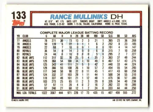 1992 Topps #133 Rance Mulliniks Toronto Blue Jays Baseball Cards EX/ ID:61127 - Baseball Card Single