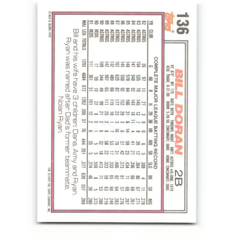 1992 Topps #136 Bill Doran EX Excellent Cincinnati Reds Baseball Card - Baseball Card Single