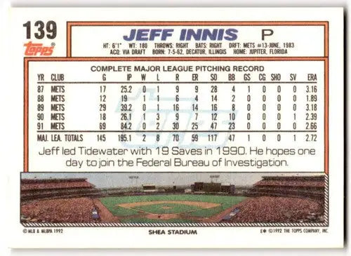 Original gloss Jeff Innis baseball card from 1992 Topps #139 Mets collection