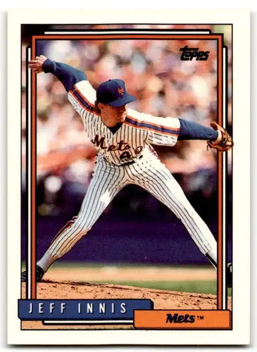 Original gloss Jeff Innis baseball card from 1992 Topps #139 Mets featuring Simply Sandoval