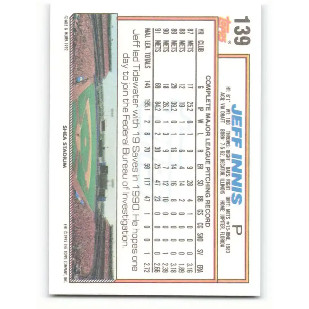1992 Topps #139 Jeff Innis NM-MT New York Mets Baseball Card - Baseball Card Single