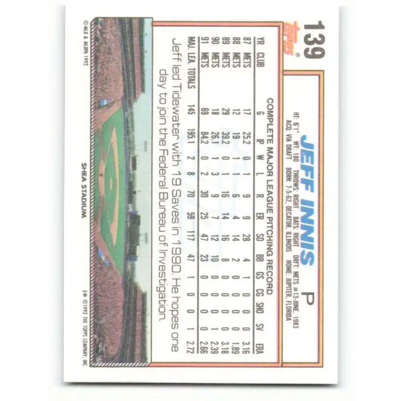 1992 Topps #139 Jeff Innis NM-MT New York Mets Baseball Card - Baseball Card Single