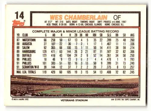 1992 Topps #14 Wes Chamberlain Philadelphia Phillies Baseball Cards ID:61168 - Baseball Card Single