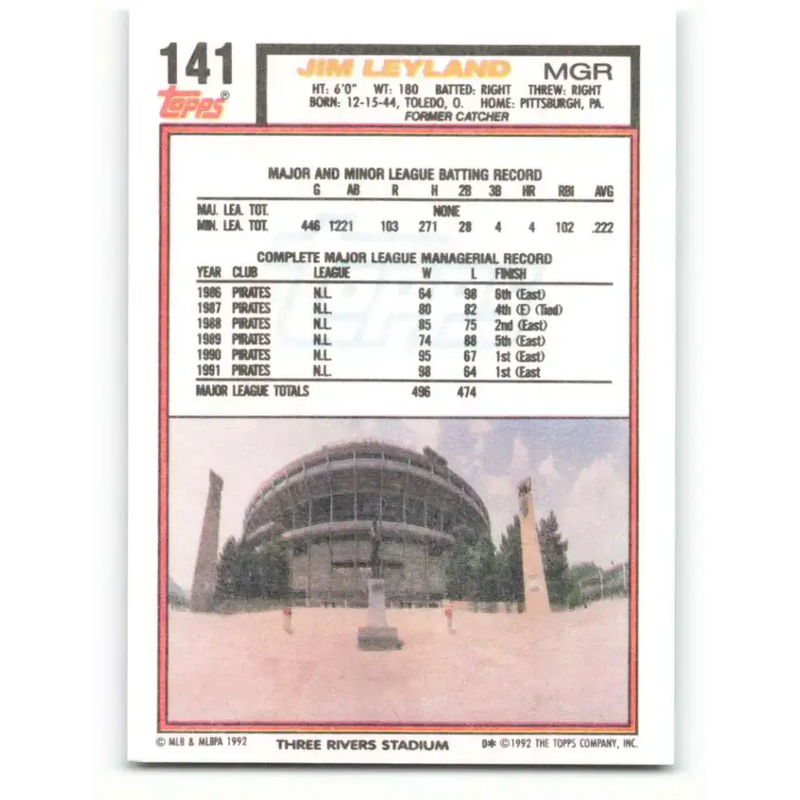 1992 Topps #141 Jim Leyland NM-MT Pittsburgh Pirates Baseball Card - Baseball Card Single