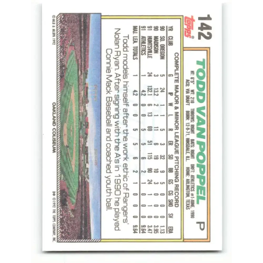 1992 Topps #142 Todd Van Poppel NM-MT Oakland Athletics Baseball Card - Baseball Card Single