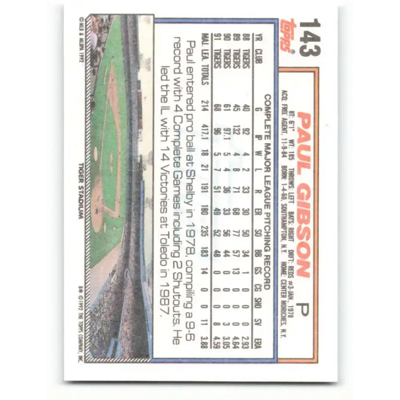 1992 Topps #143 Paul Gibson NM-MT Detroit Tigers Baseball Card - Baseball Card Single
