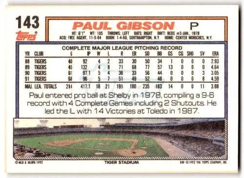 Original gloss Paul Gibson baseball card from 1992 Topps featuring Tigers ID 43505