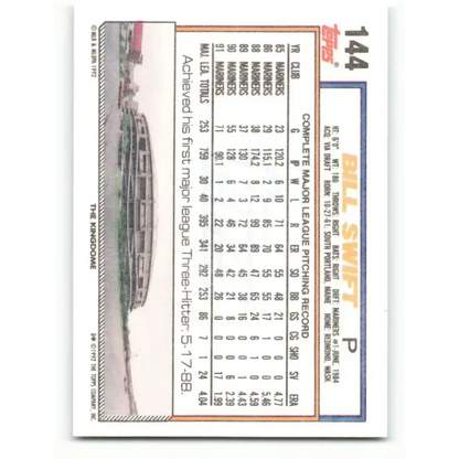 1992 Topps #144 Bill Swift EX Excellent Seattle Mariners Baseball Card - Baseball Card