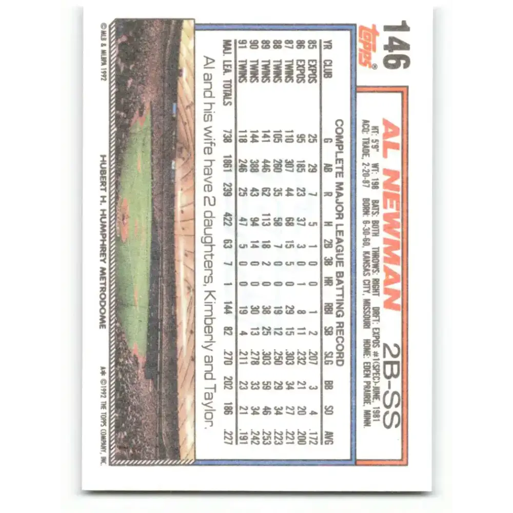 1992 Topps #146 Al Newman NM-MT Minnesota Twins Baseball Card - Baseball Card Single