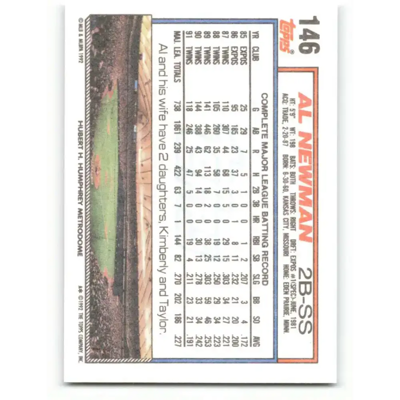 1992 Topps #146 Al Newman NM-MT Minnesota Twins Baseball Card - Baseball Card Single