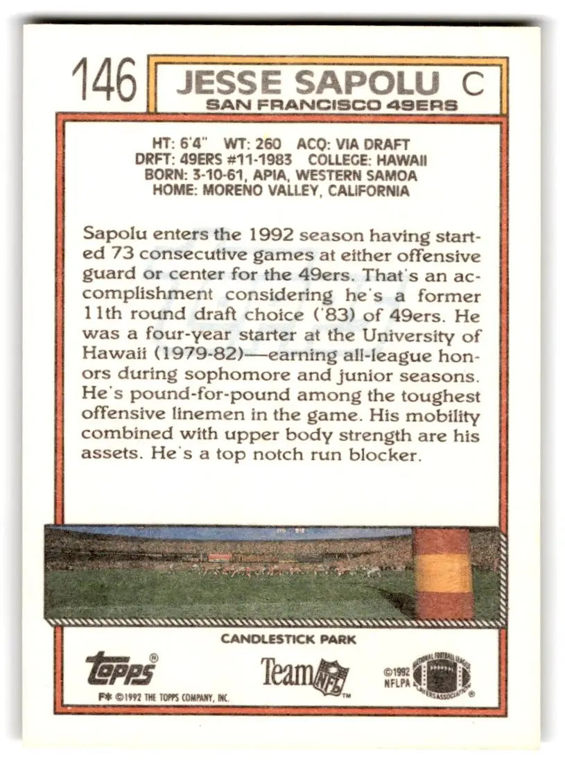 1992 Topps #146d Jesse Sapolu - Football Card Single