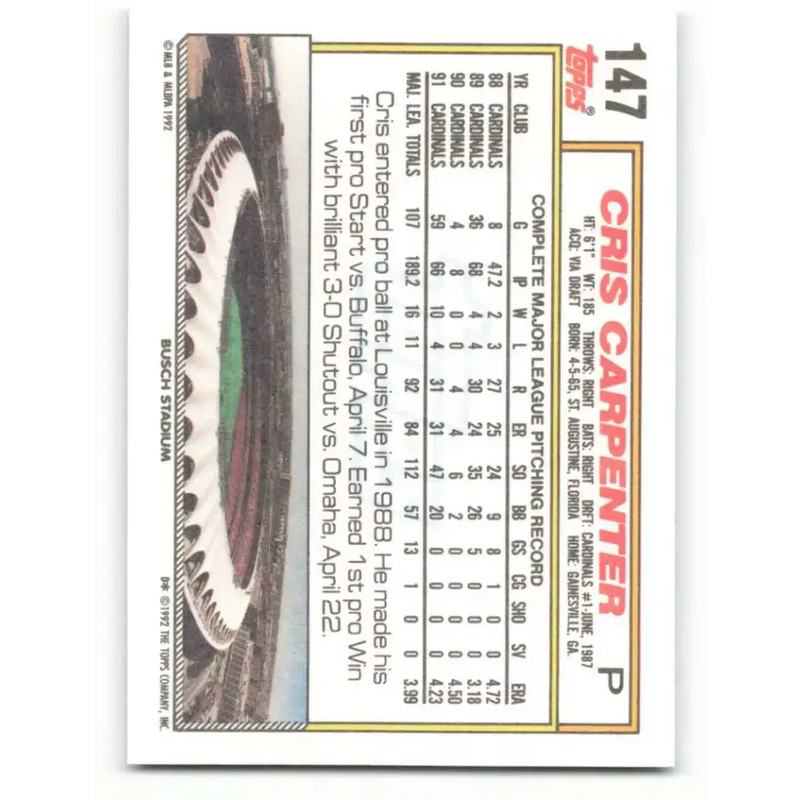 1992 Topps #147 Cris Carpenter NM-MT St. Louis Cardinals Baseball Card - Baseball Card Single