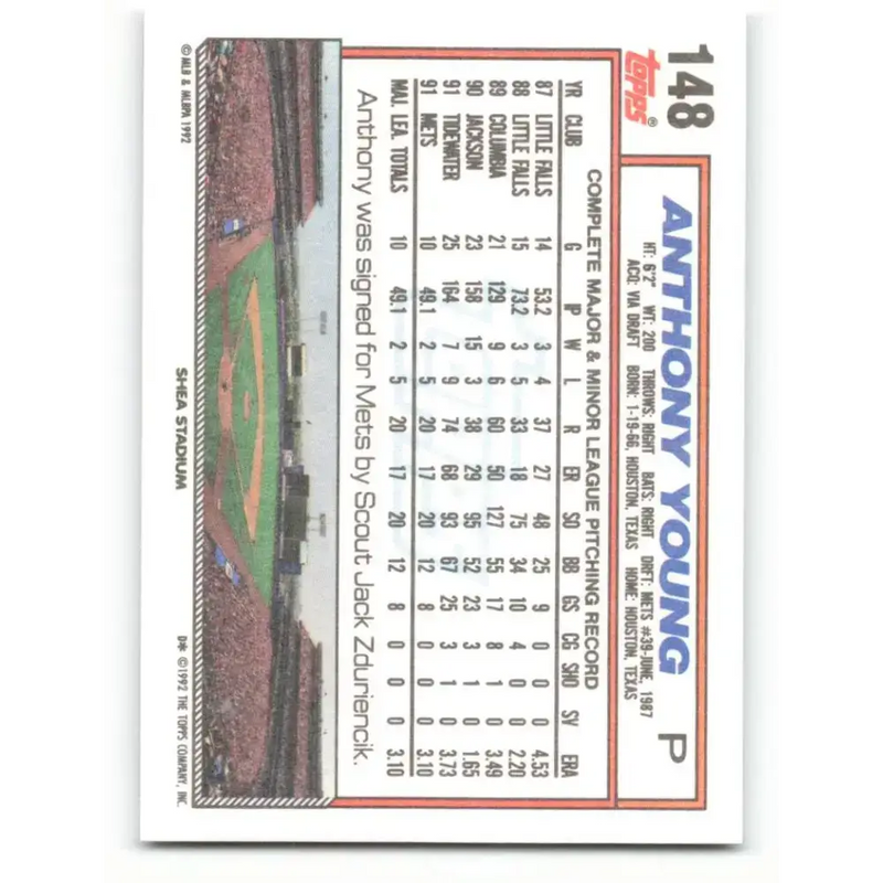 1992 Topps #148 Anthony Young NM-MT New York Mets Baseball Card - Baseball Card Single