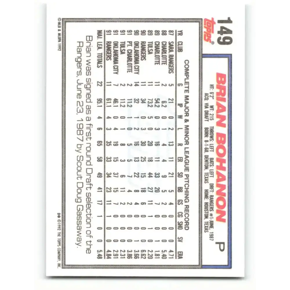 1992 Topps #149 Brian Bohanon NM-MT Texas Rangers Baseball Card - Baseball Card Single