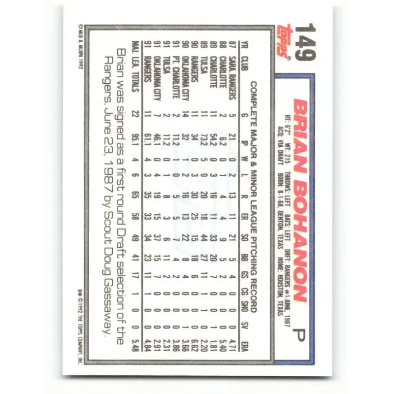 1992 Topps #149 Brian Bohanon NM-MT Texas Rangers Baseball Card - Baseball Card Single