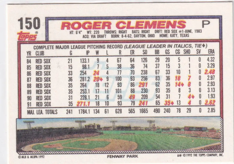 1992 TOPPS #150 ROGER CLEMENS- BOSTON RED SOX - Baseball Card Single