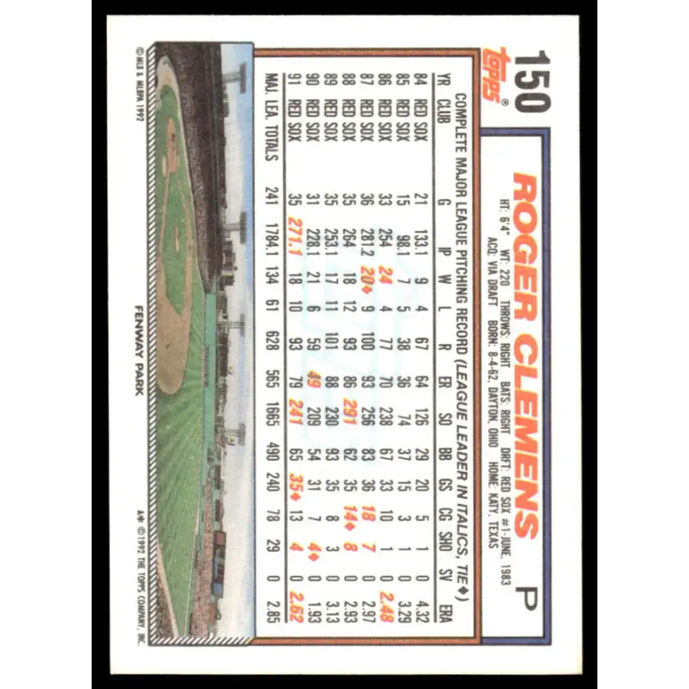 1992 Topps #150 Roger Clemens EX/NM Boston Red Sox Baseball Card - Baseball Card Single