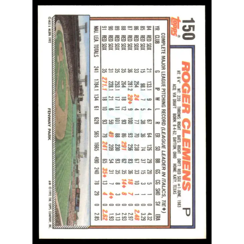 1992 Topps #150 Roger Clemens EX/NM Boston Red Sox Baseball Card - Baseball Card Single
