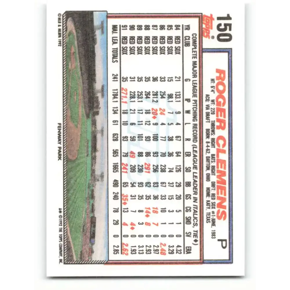 1992 Topps #150 Roger Clemens NM-MT Boston Red Sox Baseball Card - Baseball Card Single