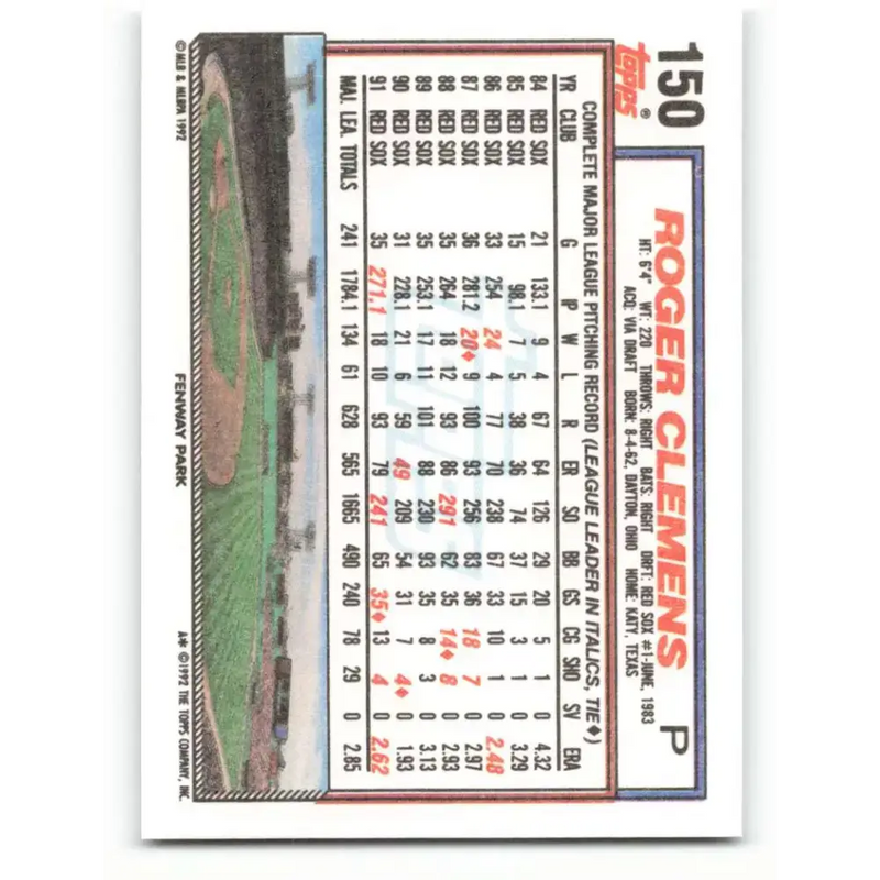 1992 Topps #150 Roger Clemens NM-MT Boston Red Sox Baseball Card - Baseball Card Single