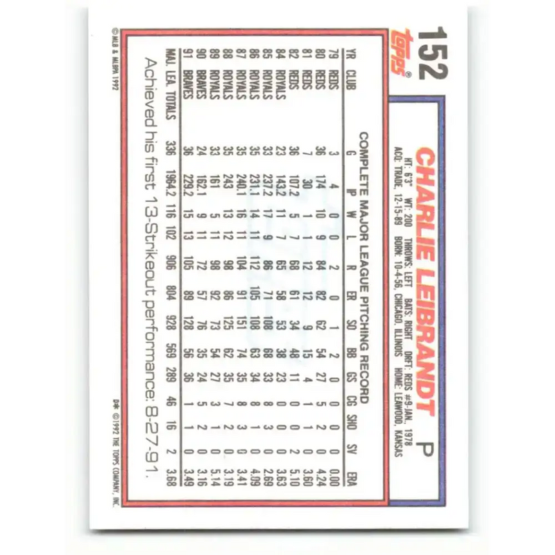 1992 Topps #152 Charlie Leibrandt NM-MT Atlanta Braves Baseball Card - Baseball Card Single