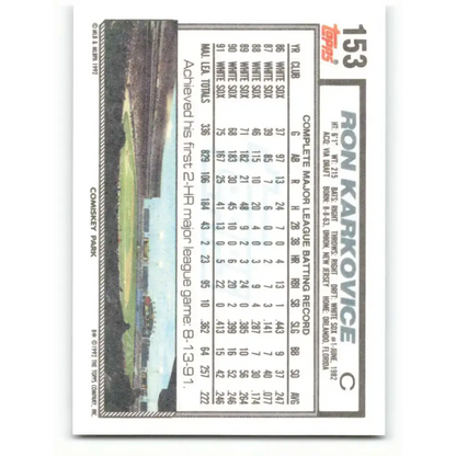 1992 Topps #153 Ron Karkovice EX Excellent Chicago White Sox Baseball Card - Baseball Card