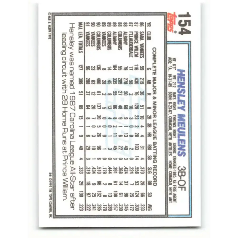 1992 Topps #154 Hensley Meulens NM-MT New York Yankees Baseball Card - Baseball Card Single