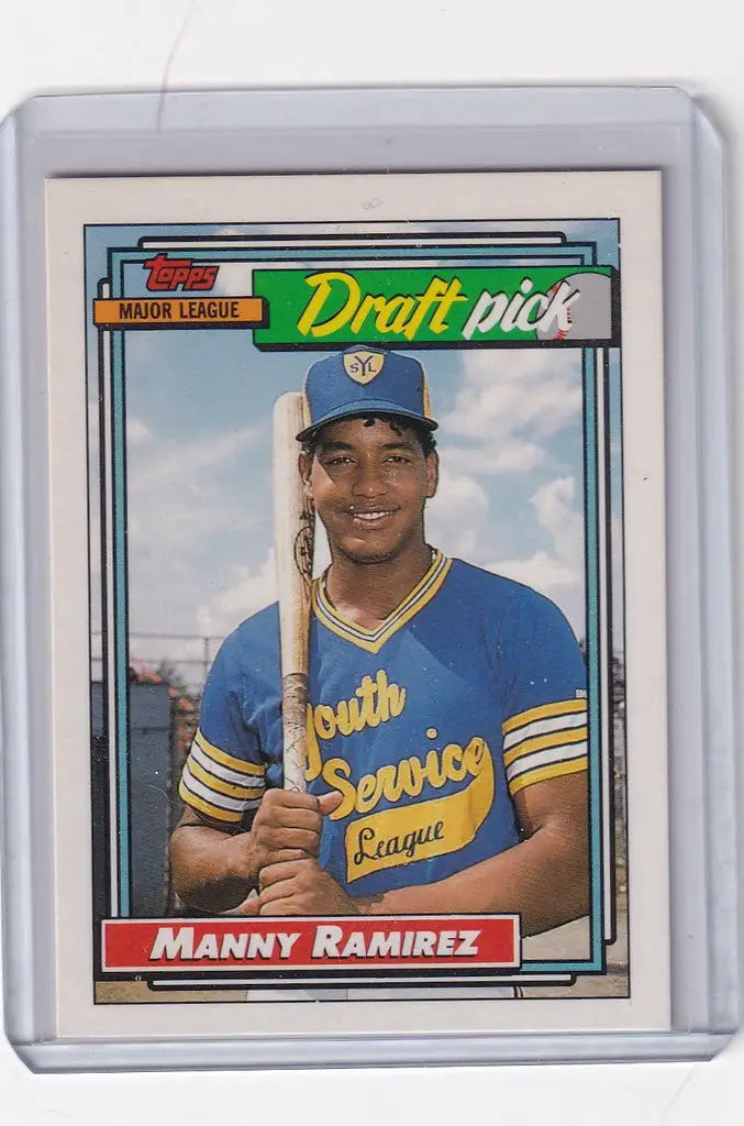 Baseball card of Manny Ramirez Cleveland Indians in blue uniform with bat