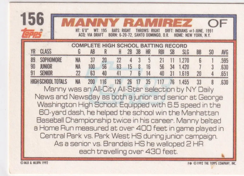 1992 TOPPS #156 MANNY RAMIREZ DRAFT PICK- CLEVELAND INDIANS
