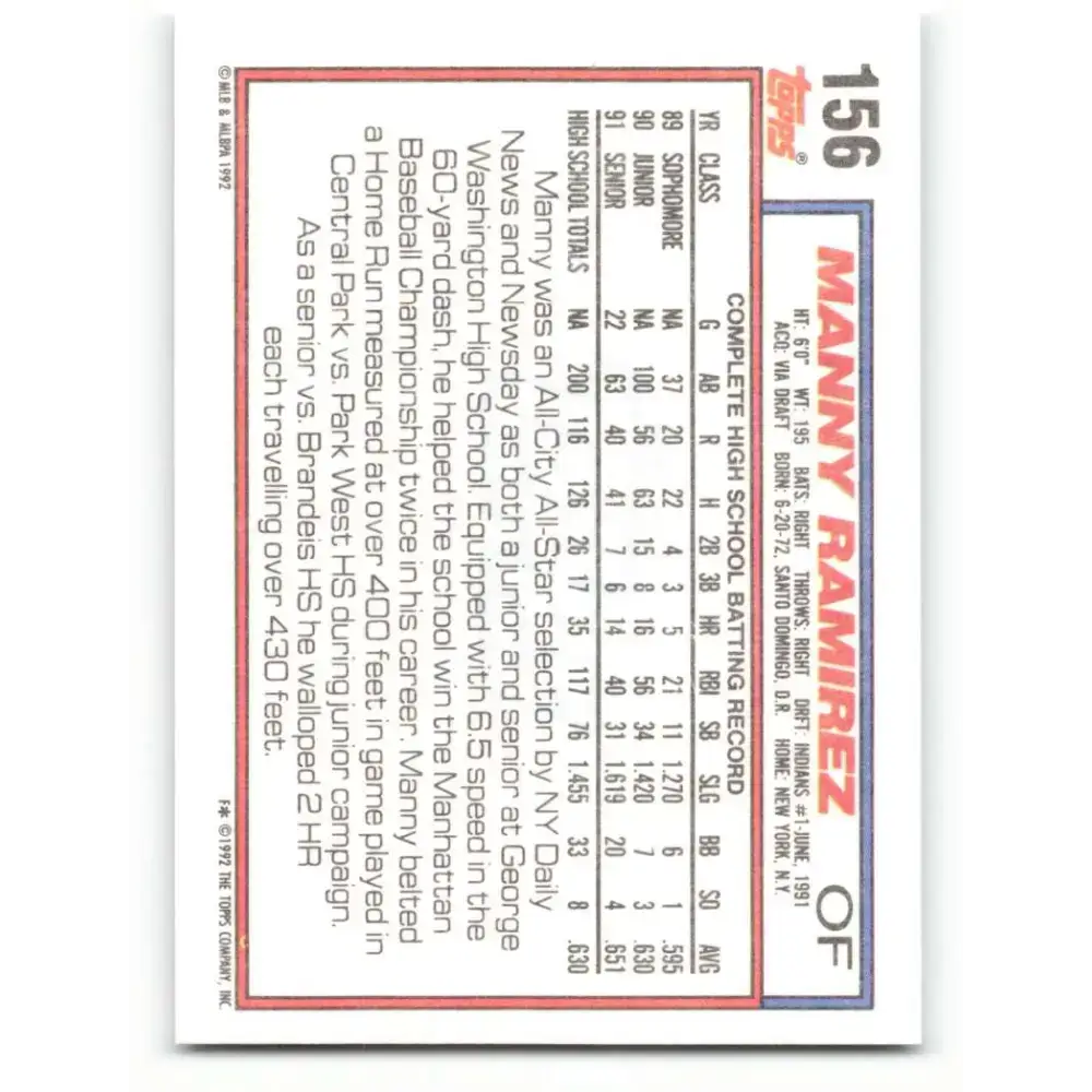 1992 Topps #156 Manny Ramirez NM-MT RC Rookie Cleveland Indians Baseball Card - Baseball Card Single