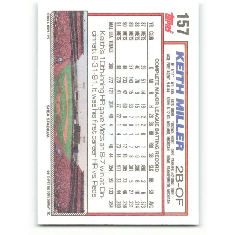 1992 Topps #157 Keith Miller NM-MT New York Mets Baseball Card - Baseball Card Single