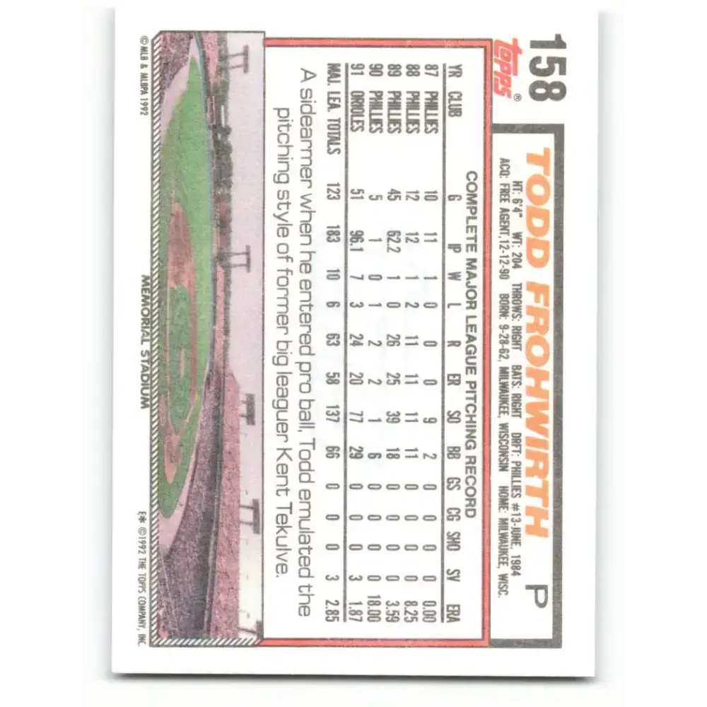 1992 Topps #158 Todd Frohwirth NM-MT Baltimore Orioles Baseball Card - Baseball Card Single