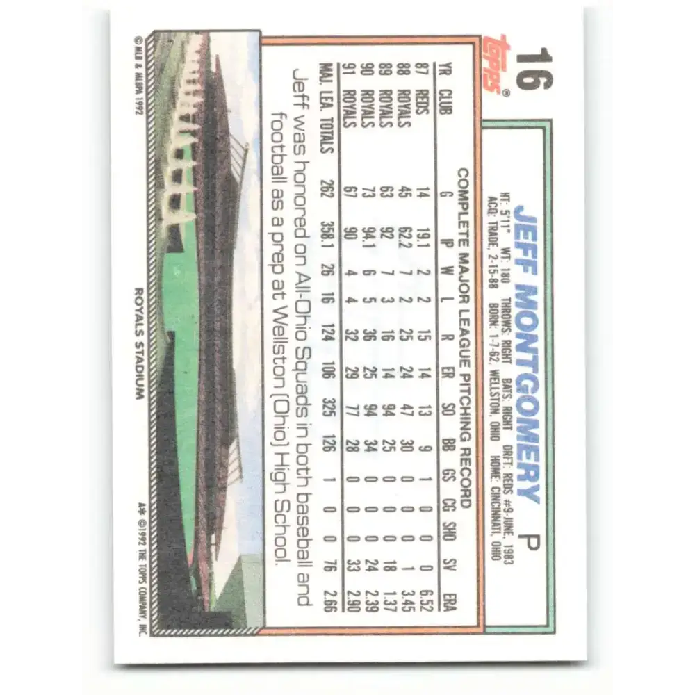 1992 Topps #16 Jeff Montgomery NM-MT Kansas City Royals Baseball Card - Baseball Card Single