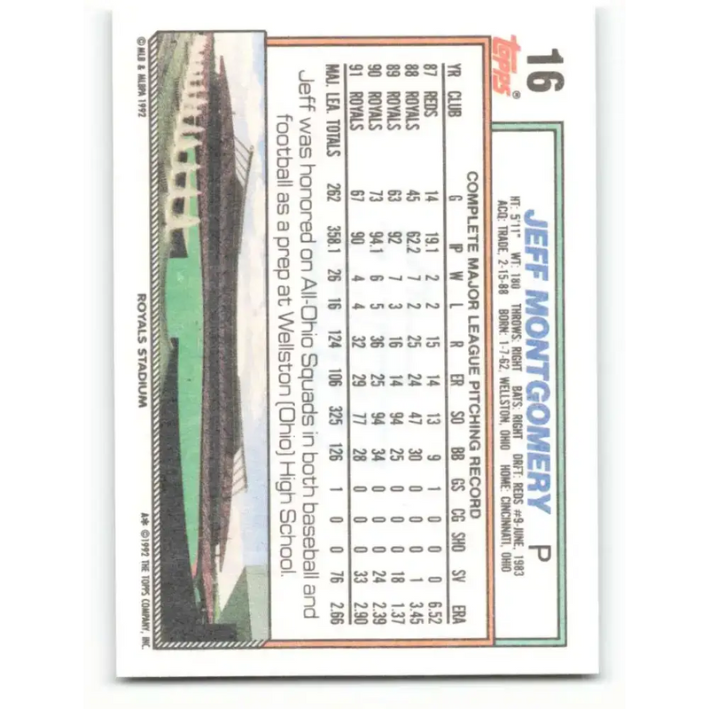 1992 Topps #16 Jeff Montgomery NM-MT Kansas City Royals Baseball Card - Baseball Card Single