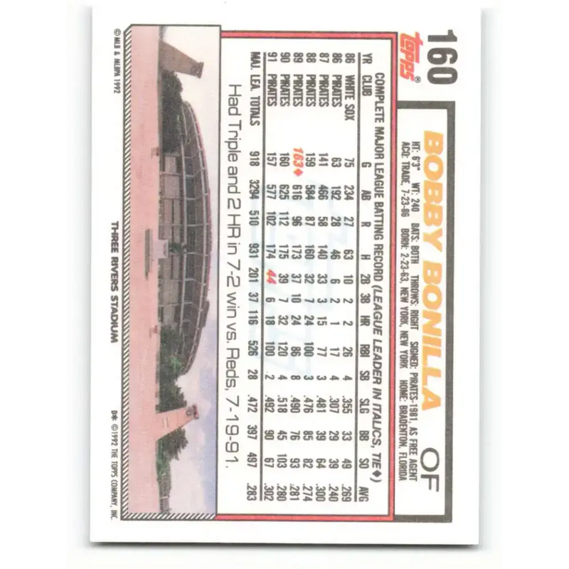 1992 Topps #160 Bobby Bonilla EX Excellent Pittsburgh Pirates Baseball Card - Baseball Card Single