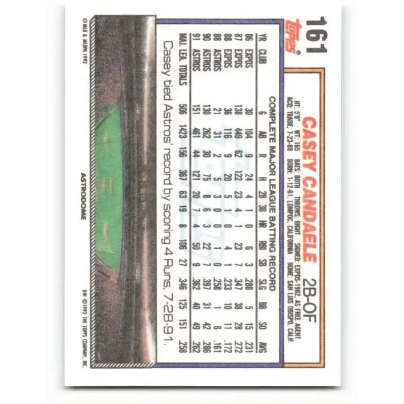 1992 Topps #161 Casey Candaele NM-MT Houston Astros Baseball Card - Baseball Card Single