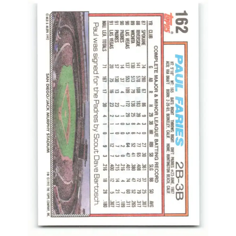1992 Topps #162 Paul Faries NM-MT San Diego Padres Baseball Card - Baseball Card Single
