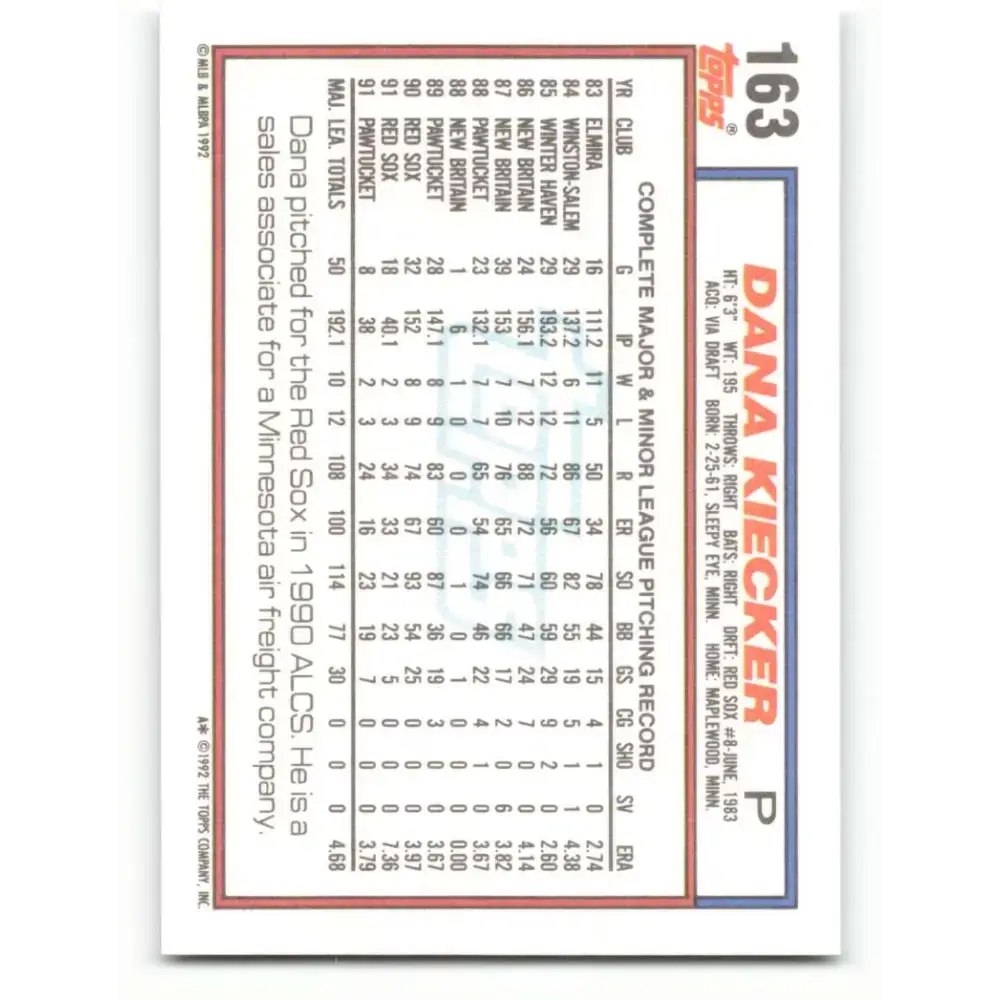 1992 Topps #163 Dana Kiecker NM-MT Boston Red Sox Baseball Card - Baseball Card Single