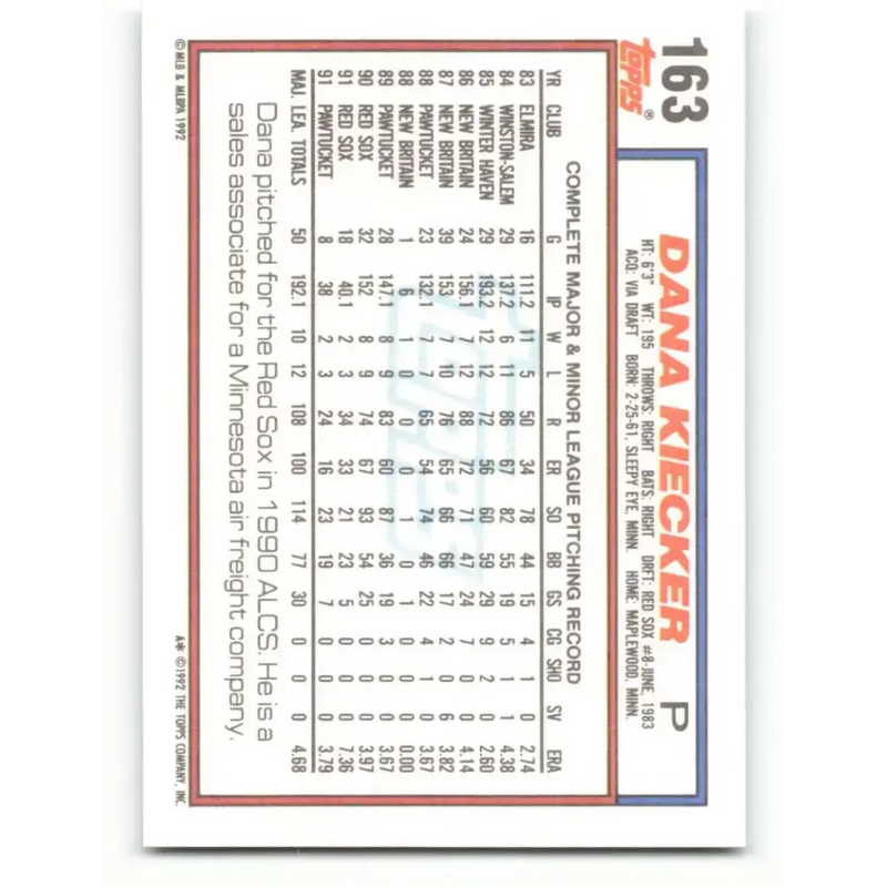 1992 Topps #163 Dana Kiecker NM-MT Boston Red Sox Baseball Card - Baseball Card Single