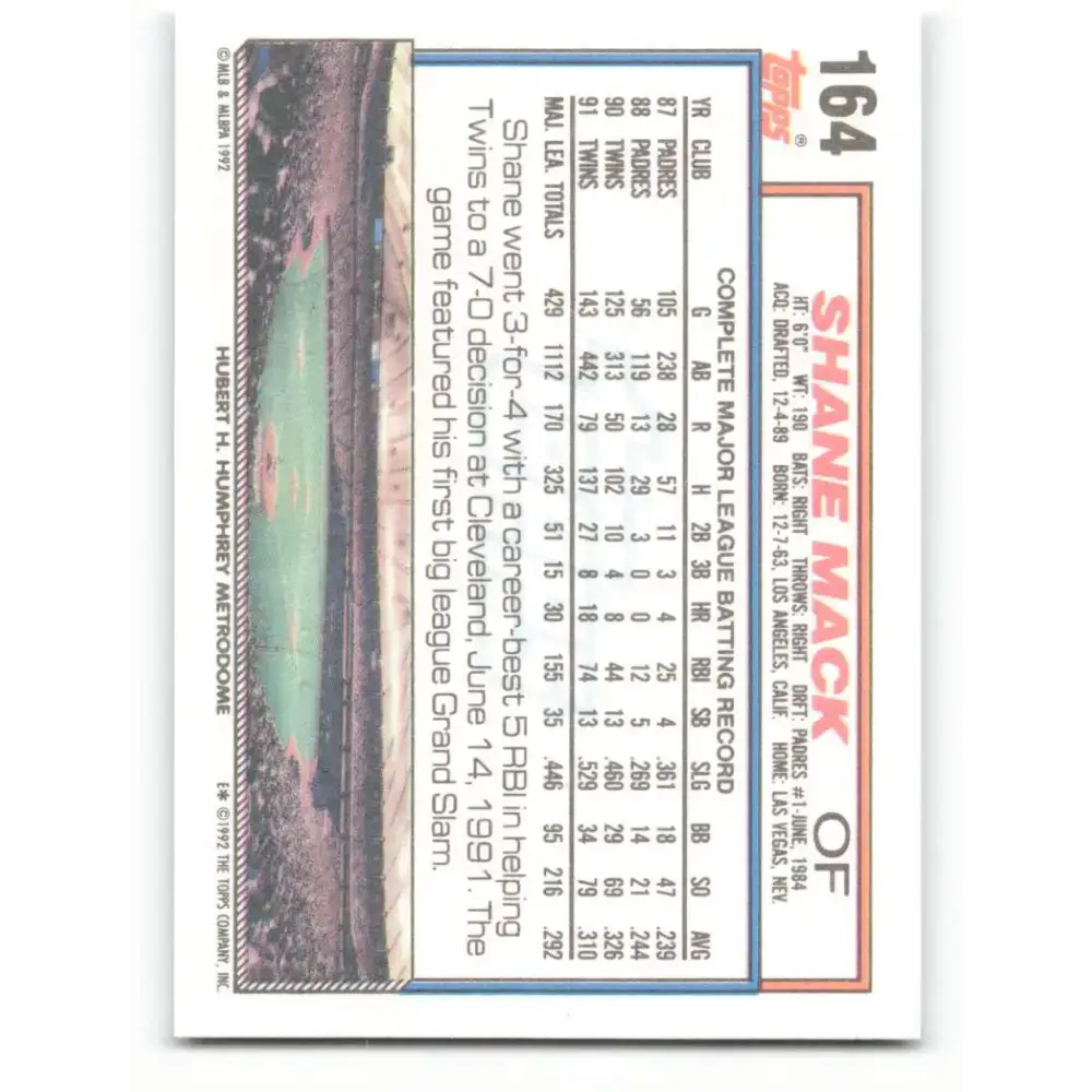 1992 Topps #164 Shane Mack NM-MT Minnesota Twins Baseball Card - Baseball Card Single