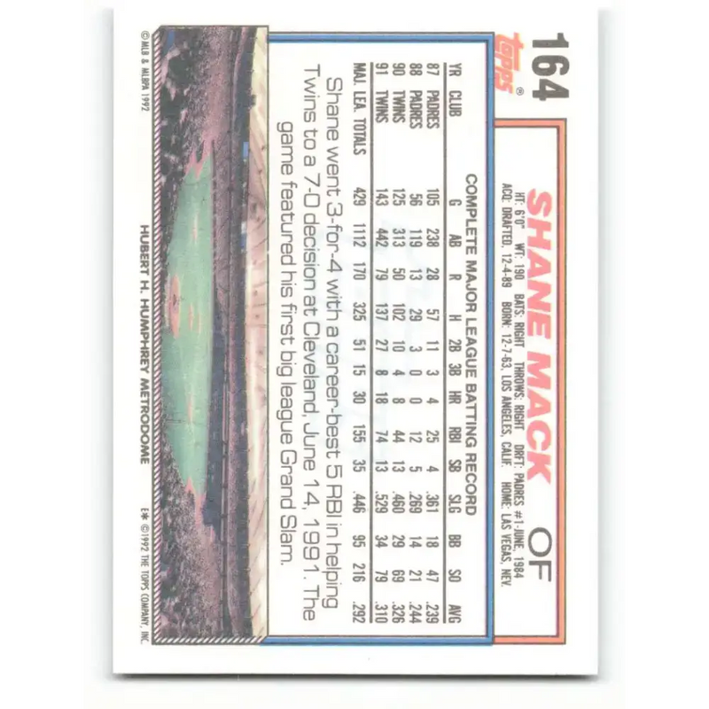 1992 Topps #164 Shane Mack NM-MT Minnesota Twins Baseball Card - Baseball Card Single