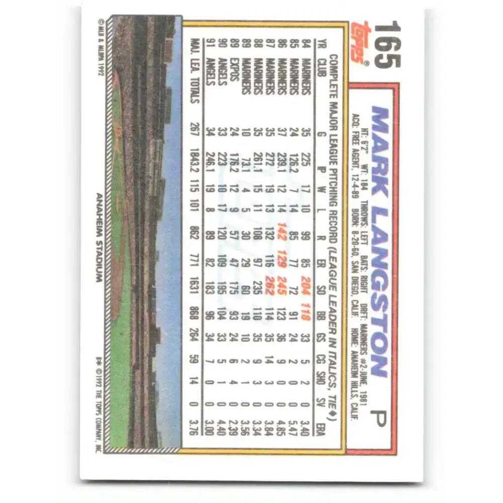 1992 Topps #165 Mark Langston NM-MT California Angels Baseball Card - Baseball Card Single