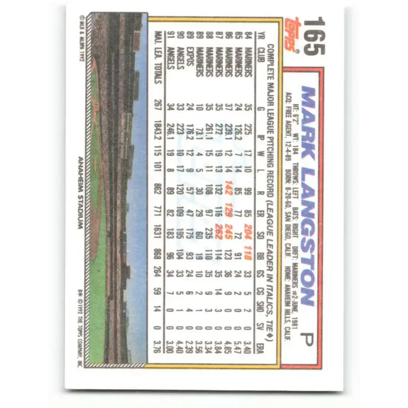 1992 Topps #165 Mark Langston NM-MT California Angels Baseball Card - Baseball Card Single