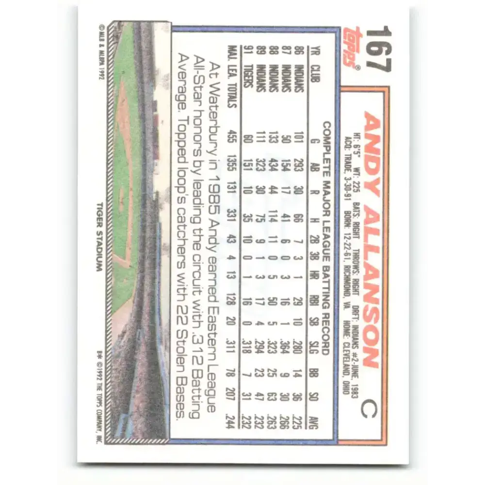 1992 Topps #167 Andy Allanson NM-MT Detroit Tigers Baseball Card - Baseball Card Single