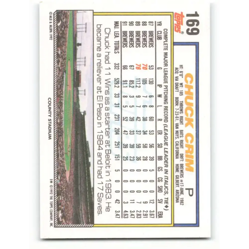 1992 Topps #169 Chuck Crim NM-MT Milwaukee Brewers Baseball Card - Baseball Card Single